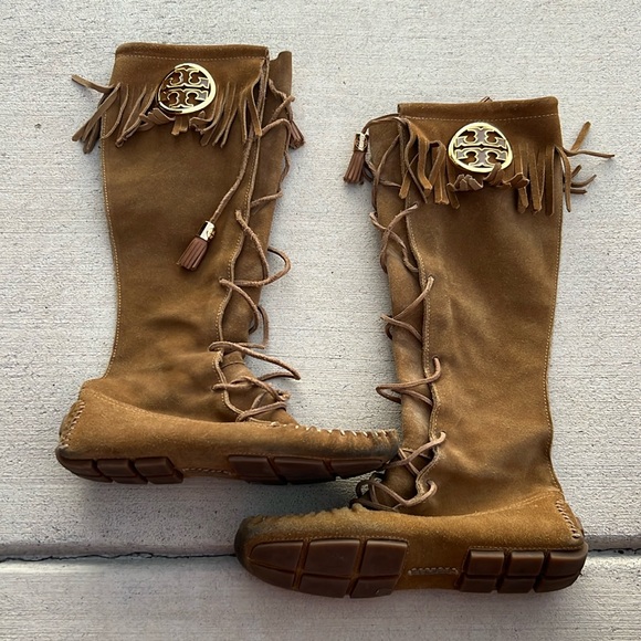Tory Burch Shoes - euc Tory Burch Suede Camel Moccasin Lace Up Fringe Boots | Tall Fringe B…